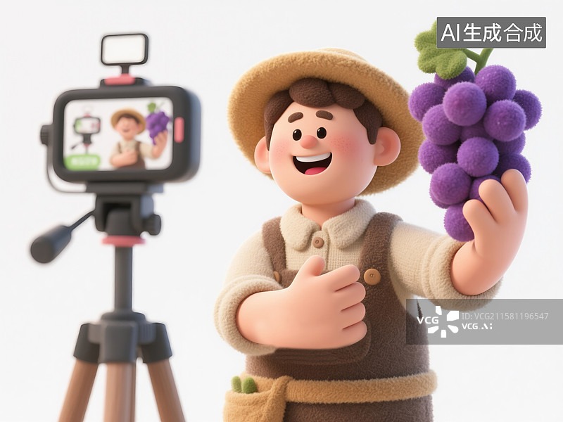 【AI数字艺术】乡村电商革命少数民族农民直播丰收葡萄直播助农乡村振兴3D创意插画毛毡农业推广加班劳动节新职位岗位商业图片素材