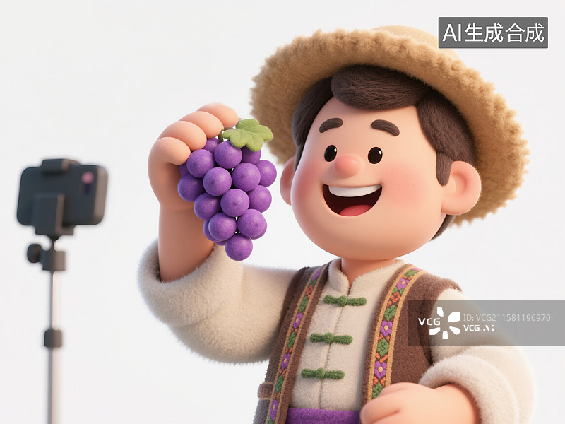 【AI数字艺术】乡村电商革命少数民族农民直播丰收葡萄直播助农乡村振兴3D创意插画毛毡农业推广加班劳动节新职位岗位商业图片素材