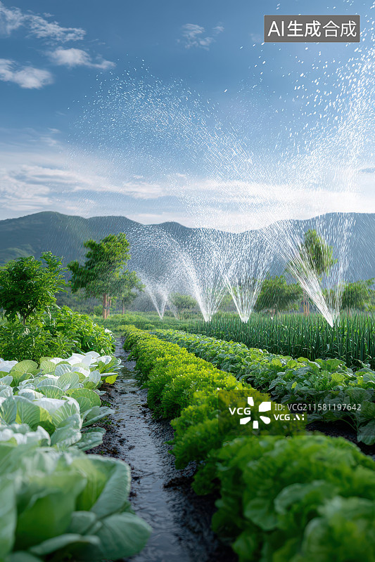 【AI数字艺术】农田喷雾灌溉生机盎然风光图图片素材