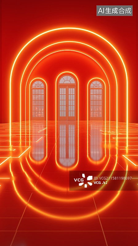 【AI数字艺术】红色未来隧道：光线与倒影的科技感空间图片素材