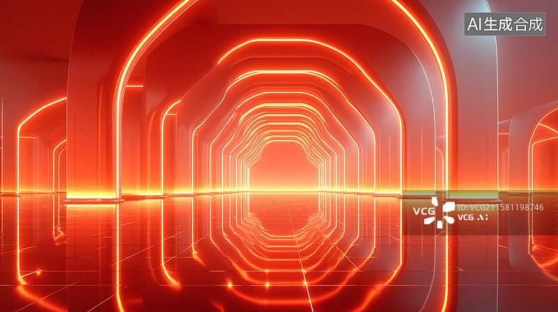 【AI数字艺术】红色未来隧道：光线与倒影的科技感空间图片素材