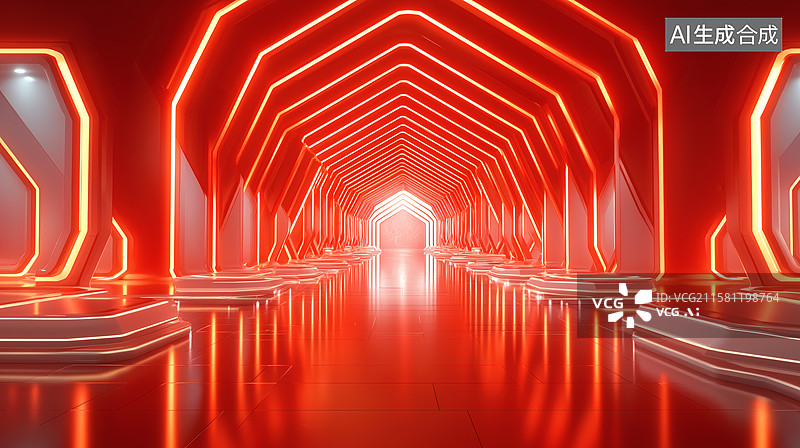 【AI数字艺术】红色未来隧道：光线与倒影的科技感空间图片素材