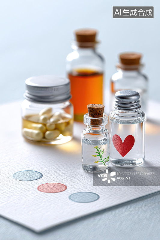 【AI数字艺术】玻璃瓶爱心药丸植物静物图图片素材