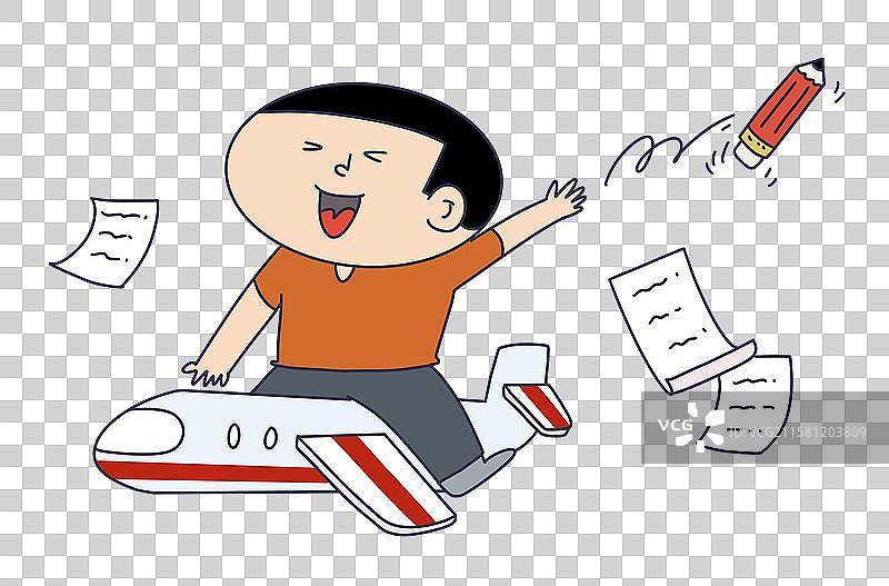 坐着飞机扔掉笔和教材的学生图片素材