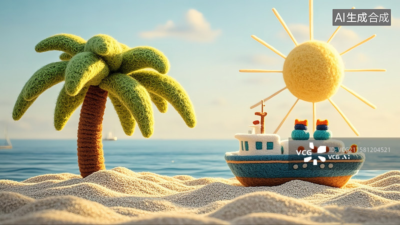 【AI数字艺术】毛毡海边城市沙滩游轮图片素材