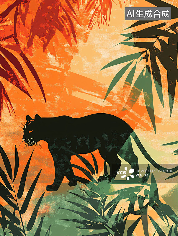 【AI数字艺术】黑豹在热带植物间的剪影图片素材