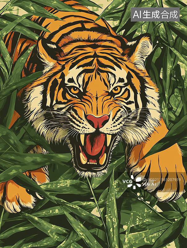 【AI数字艺术】丛林中咆哮的猛虎插画图片素材