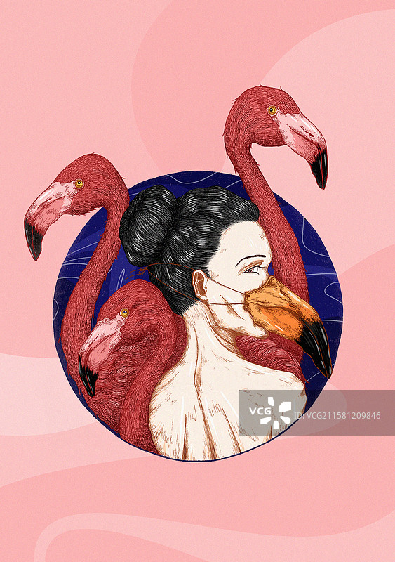 原创手绘复古商业插画女人与火烈鸟图片素材