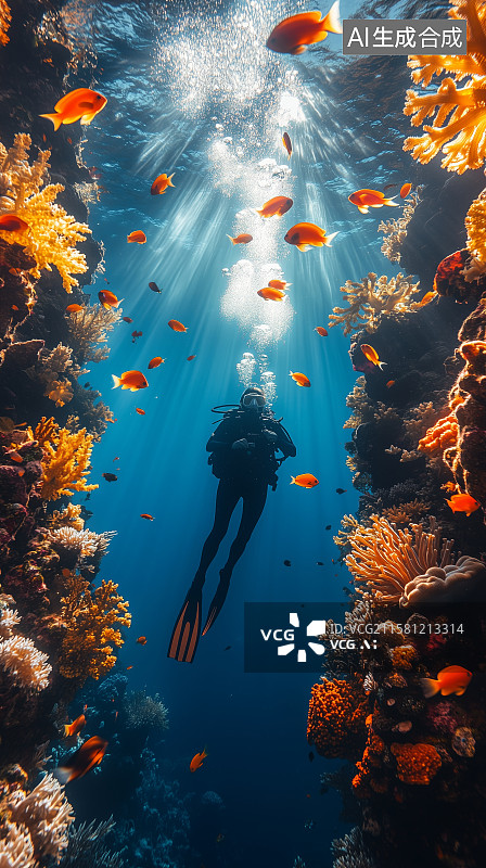 【AI数字艺术】潜水员在珊瑚礁中探索图片素材