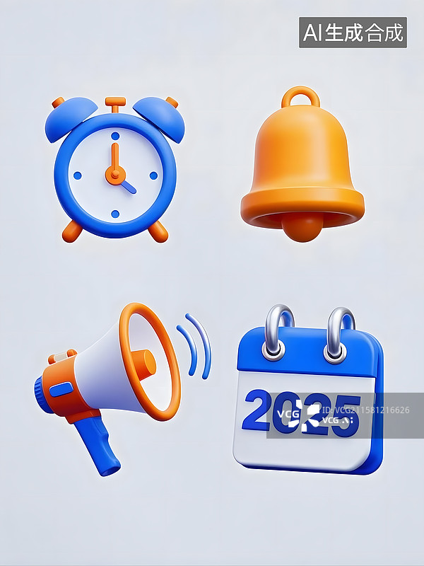 【AI数字艺术】闹钟，铃铛，喇叭，日历图标图片素材