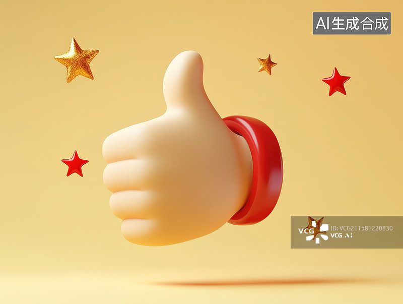 【AI数字艺术】卡通人物手竖起大拇指做点赞的手势和周边的五角星图片素材