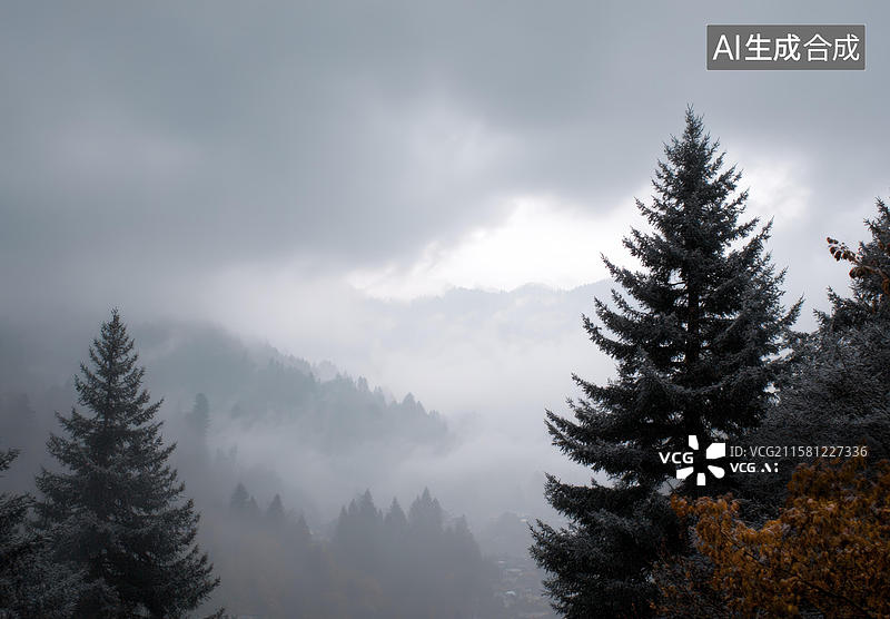 【AI数字艺术】云雾缭绕的山林美景图片素材