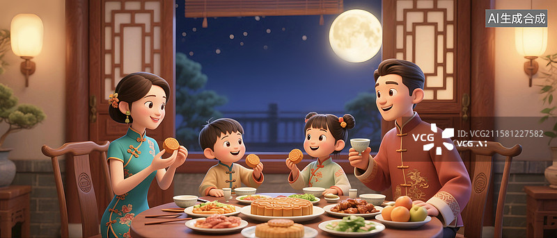 【AI数字艺术】3D立体三维C4D中秋节团圆满月夜晚父母儿女幸福一家晚餐吃着月饼快乐赏月图片素材