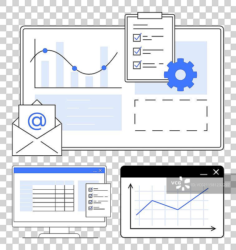 数字工作流程与图表、电子邮件、任务清单图片素材