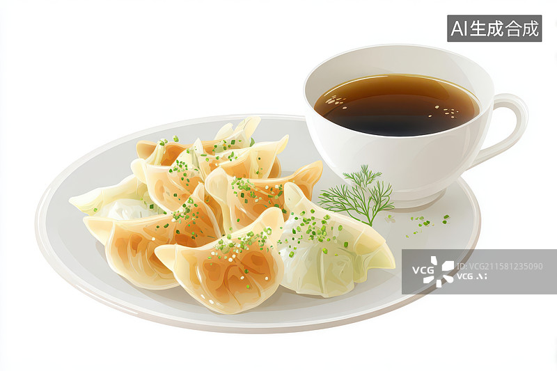 【AI数字艺术】金黄煎饺配蘸料美食特写图图片素材