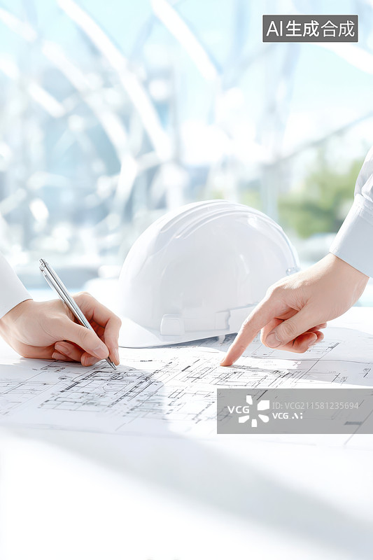 【AI数字艺术】工程师办公室讨论建筑蓝图图图片素材