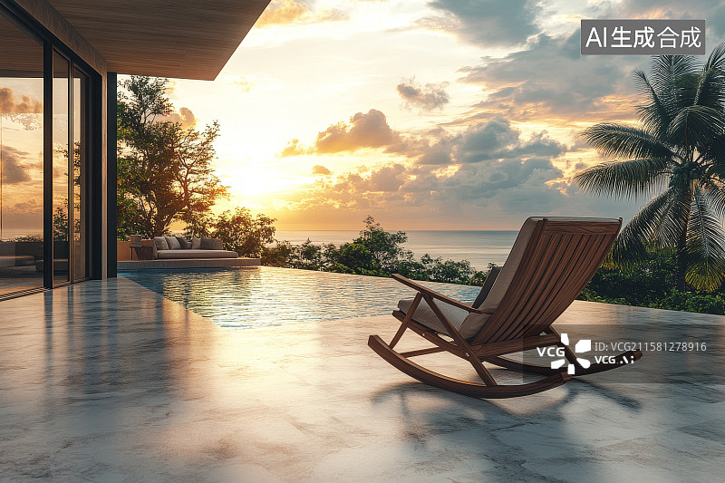 【AI数字艺术】日落时分的海滨别墅露台图片素材