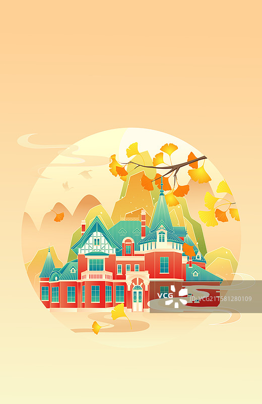 国风节气立秋大连城市建筑矢量插画图片素材