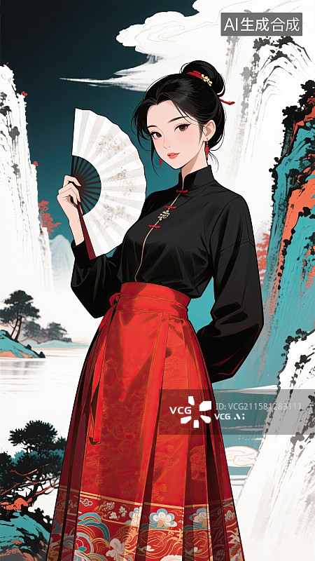 【AI数字艺术】美女，马面裙，折扇，传统文化，插画图片素材