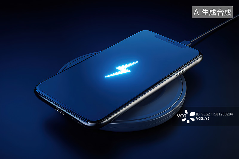 【AI数字艺术】蓝色背景下的智能手机和无线充电座——智能手机无线充电概念图片素材