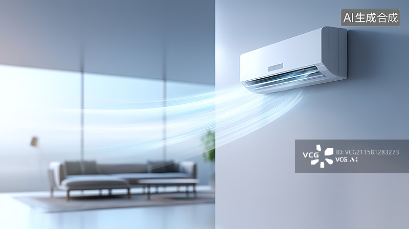 【AI数字艺术】夏天客厅空调和吹出的凉风效果制冷示意图图片素材