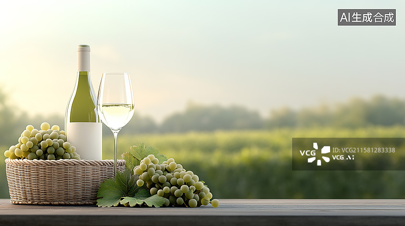 【AI数字艺术】葡萄酒庄园和白葡萄酒广告展示特写图片素材