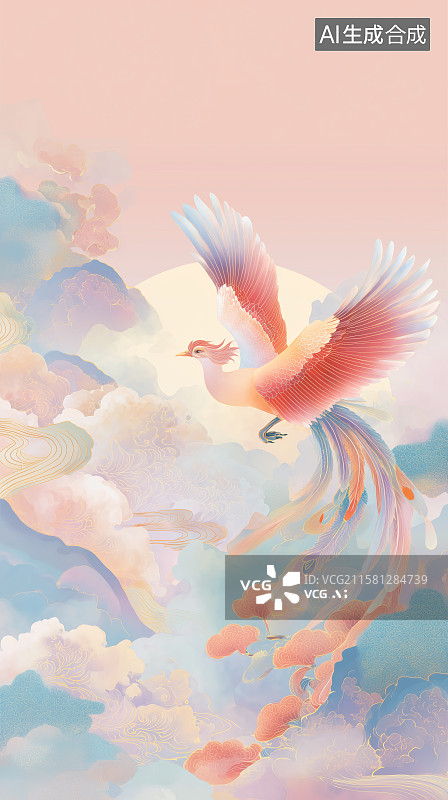 【AI数字艺术】凤凰展翅飞越云海图片素材