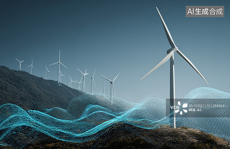 【AI数字艺术】夜晚风电场借蓝色数字粒子与网络光效，展现新能源科技驱动下的绿色能源生态图景图片素材