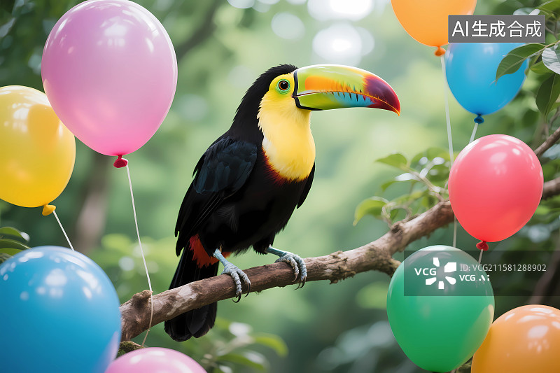 【AI数字艺术】一只栖息在树枝枝头的巨嘴鸟图片素材