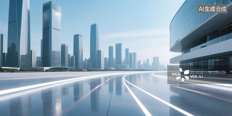 【AI数字艺术】未来科技感城市天际线和发光道路图片素材