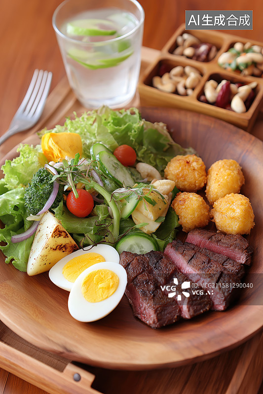 【AI数字艺术】木盘盛装的牛排沙拉配炸土豆球图片素材