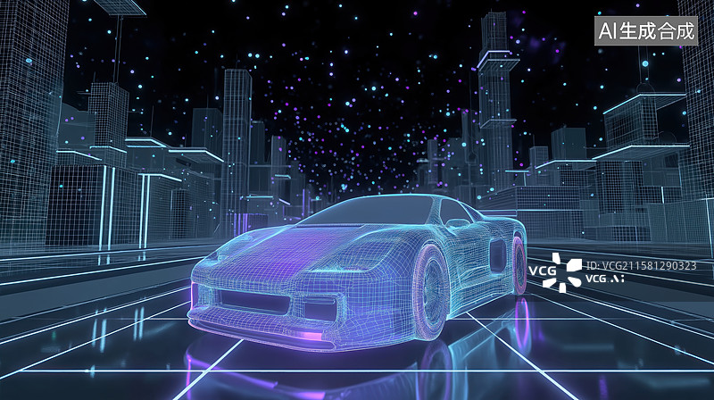 【AI数字艺术】未来城市中的霓虹跑车图片素材