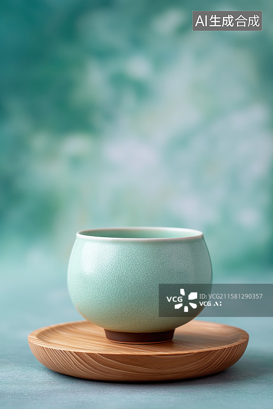 【AI数字艺术】青瓷茶杯置于木质托盘之上图片素材