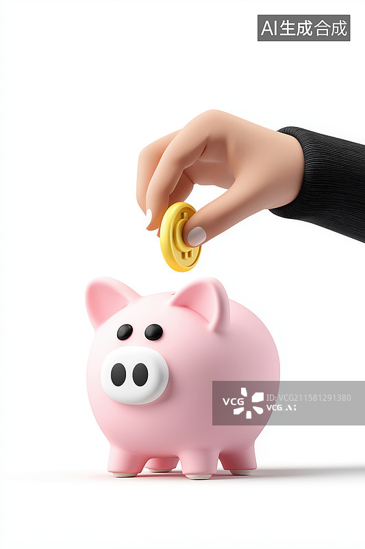 【AI数字艺术】手投金币入粉色存钱罐图片素材