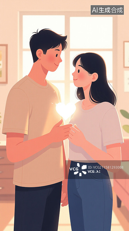 【AI数字艺术】心心相印的爱恋手捧爱心的情侣图片素材