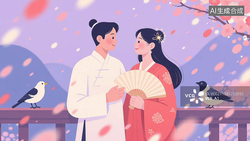 【AI数字艺术】鹊桥相会汉服情侣七夕节浪漫情侣图片素材