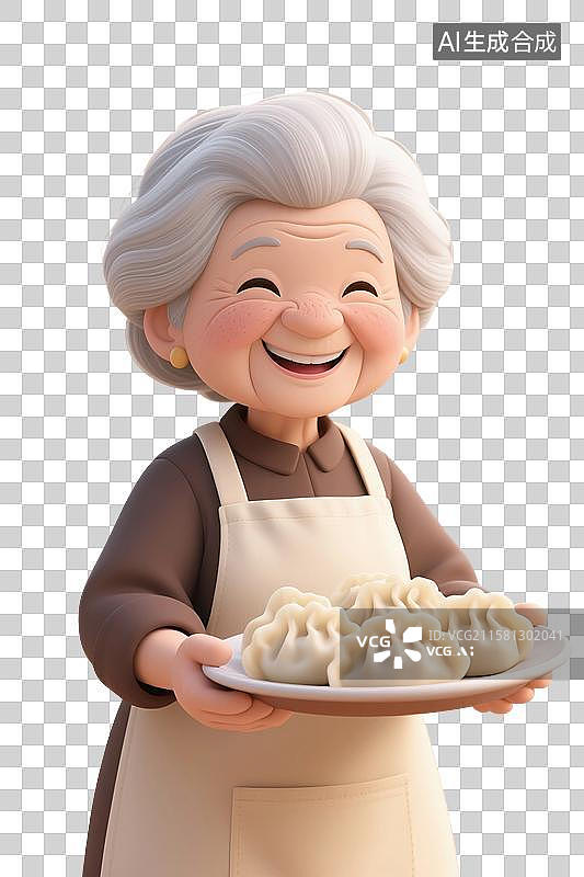 【AI数字艺术】3D渲染人物，手里拿着一盘饺子的老奶奶，老人，冬至，年夜饭，春节新年，传统节日，免抠元素图片素材