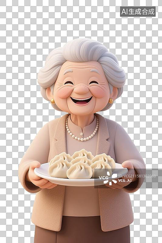 【AI数字艺术】3D渲染人物，手里拿着一盘饺子的老奶奶，老人，冬至，年夜饭，春节新年，传统节日，免抠元素图片素材