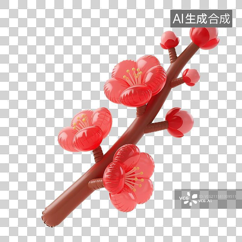 【AI数字艺术】3D渲染，膨胀充气风格，中国风喜庆的红梅，春节大红色梅花，气球，新年，中秋节，元宵节，免抠元素图片素材