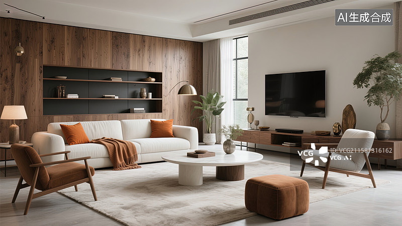 【AI数字艺术】城市天际线下的现代客厅图片素材