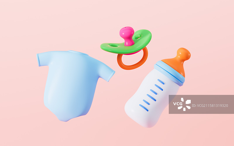 婴儿衣物奶瓶奶嘴等用品3D渲染图片素材