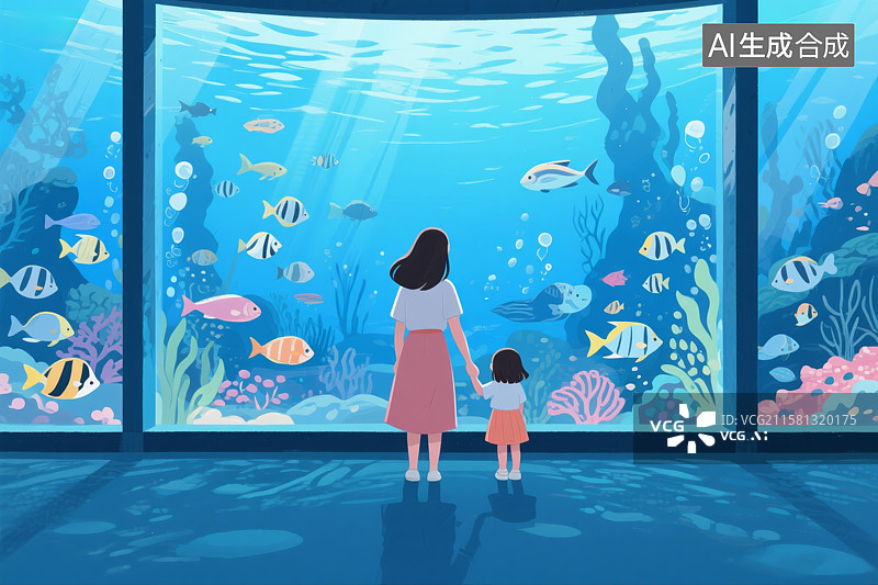 【AI数字艺术】插画风格一位年轻妈妈带着小女孩参观海洋馆图片素材