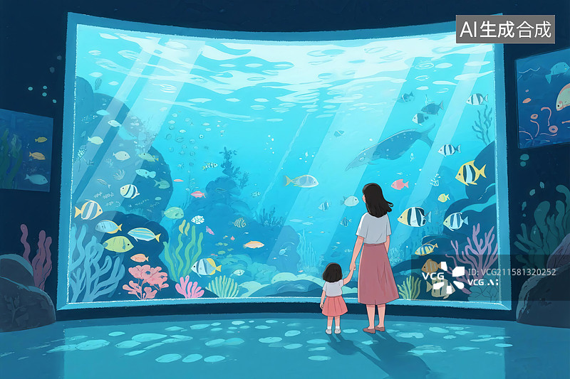 【AI数字艺术】插画风格一位年轻妈妈带着小女孩参观海洋馆图片素材