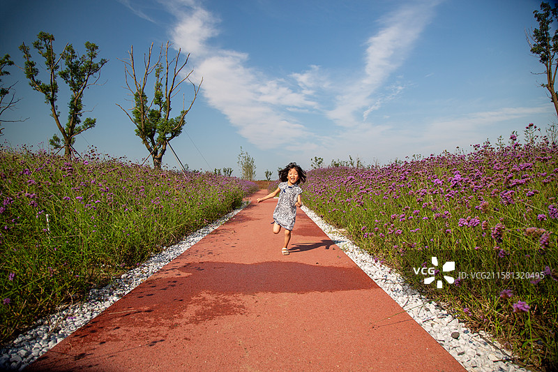 小女孩在花海小径上奔跑图片素材
