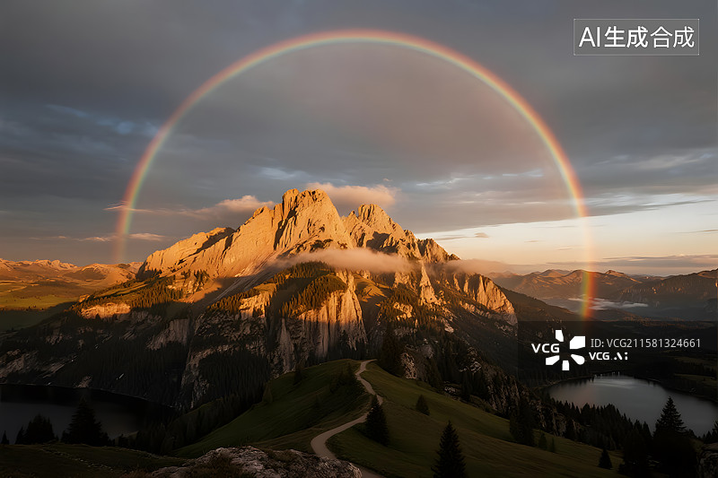 【AI数字艺术】雨后彩虹映衬下的壮丽山峰图片素材