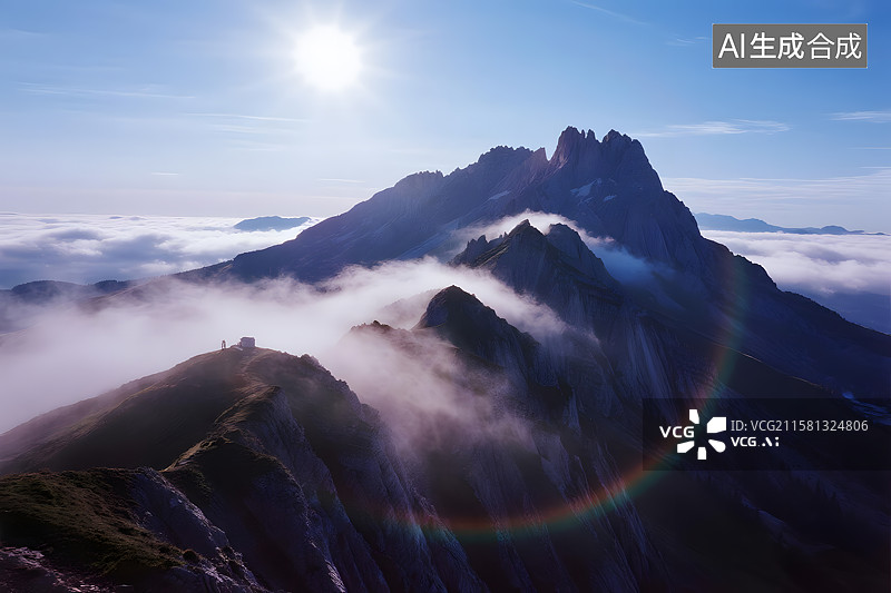 【AI数字艺术】雨后彩虹映衬下的壮丽山峰图片素材