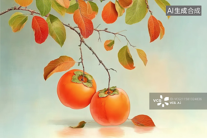 【AI数字艺术】沉甸甸的柿子压弯了枝头，寒露节气背景图图片素材
