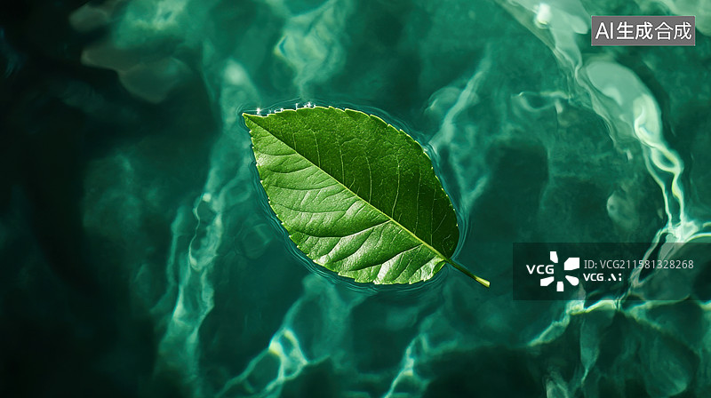 【AI数字艺术】平静水面上的一片绿叶图片素材