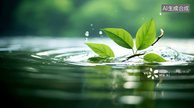 【AI数字艺术】自然户外水面上的绿色叶子图片素材