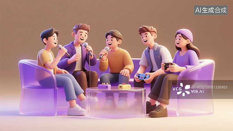 【AI数字艺术】卡通3d朋友聚会团建KTV唱歌场景图片素材
